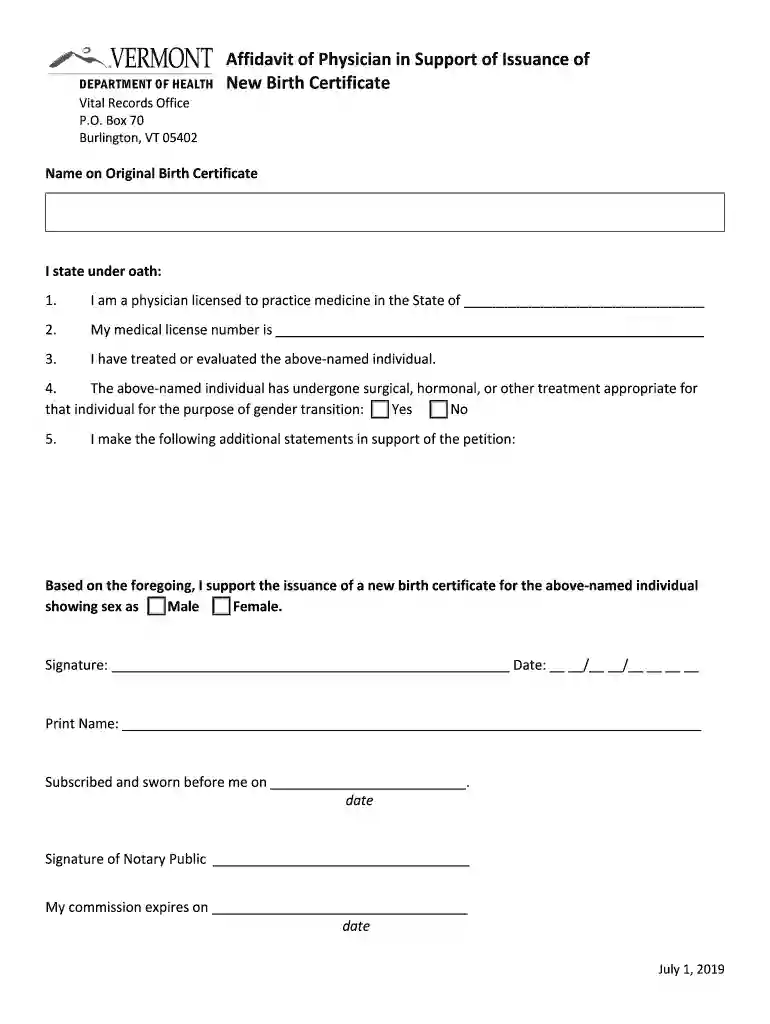Affidavit of Physician in Support of Issuance of New Birth Certificate Preview on Page 1