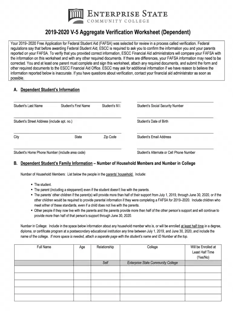 20192020 Verification Worksheet Dependent Student V5 Preview on Page 1