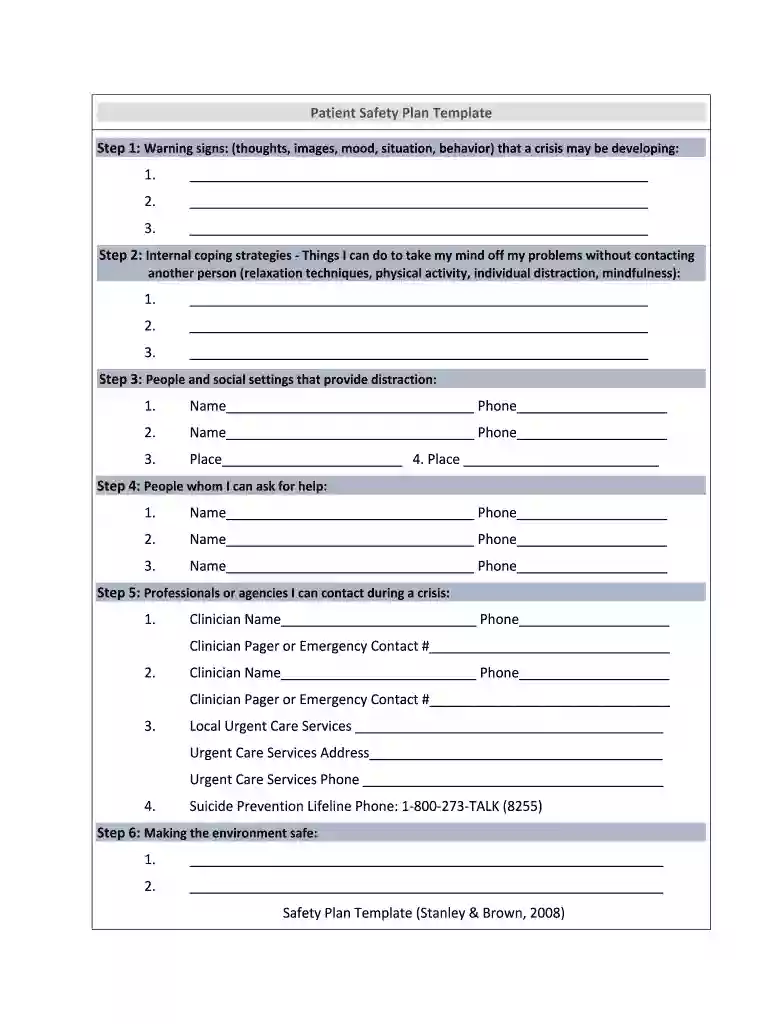 patient safety plan template Preview on Page 1
