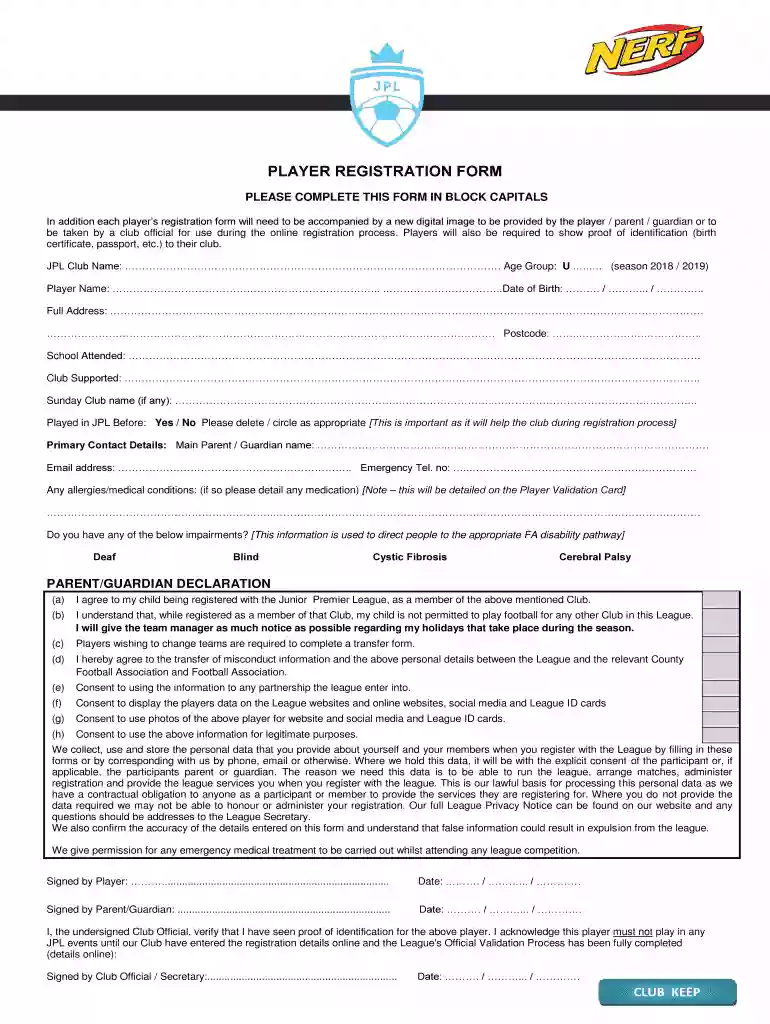 Junior Premier League Player Registration Form Preview on Page 1