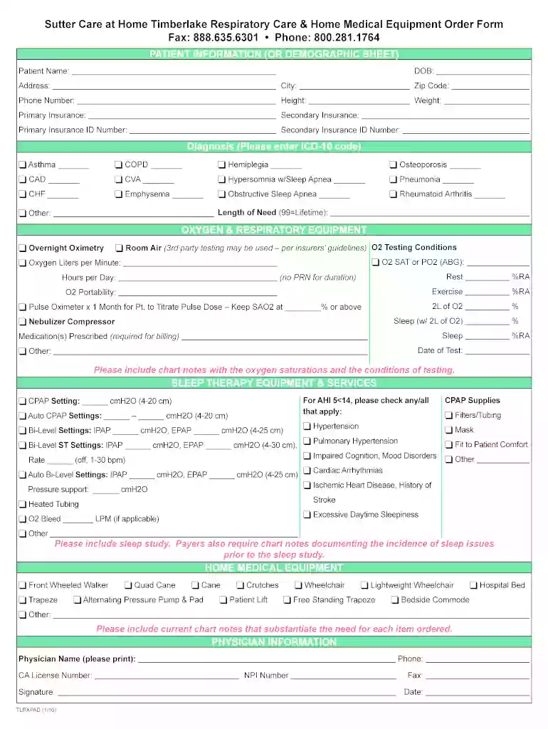 Sutter Care at Home Timberlake Respiratory Care and Home Medical Equipment Order Form Sutter Care at Preview on Page 1