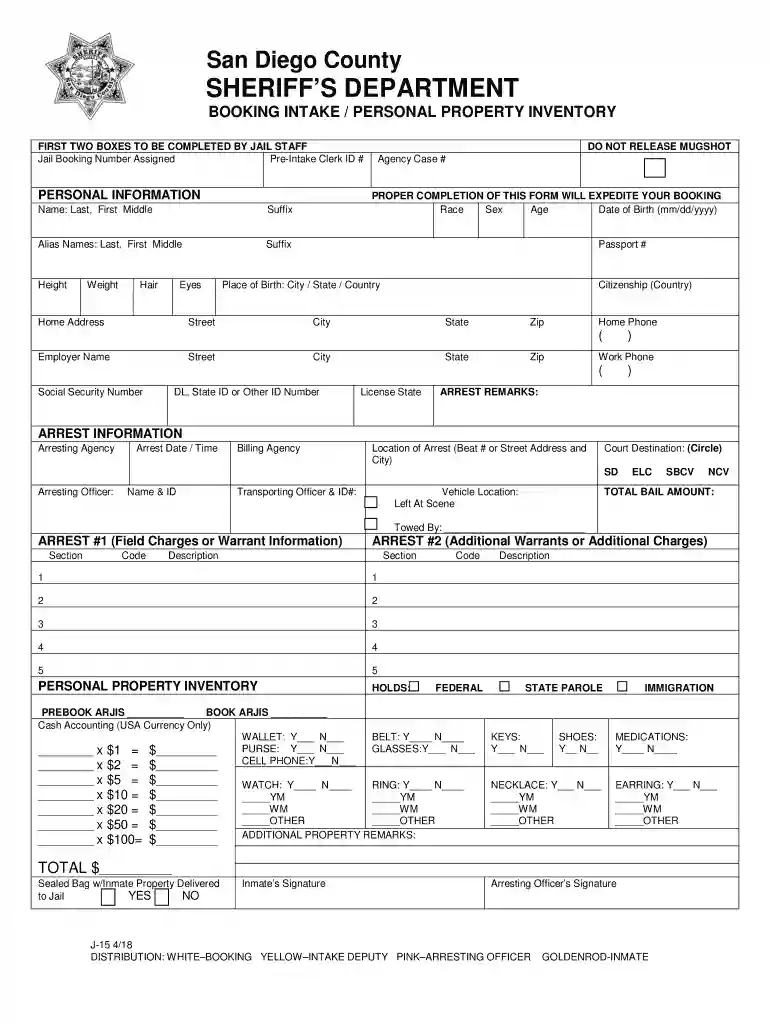 BOOKING INTAKE PERSONAL PROPERTY INVENTORY Preview on Page 1