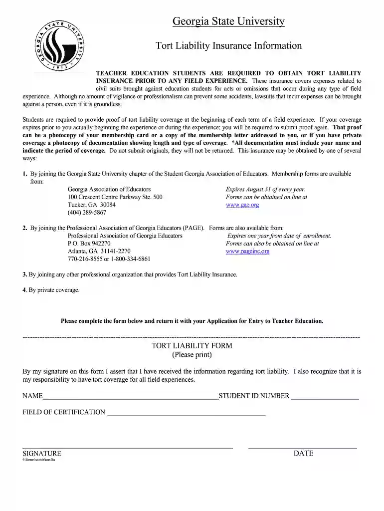 tort liability insurance gsu Preview on Page 1
