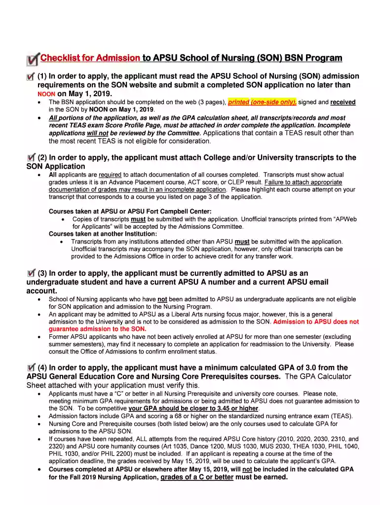 BSN Application - Austin Peay State University Preview on Page 1