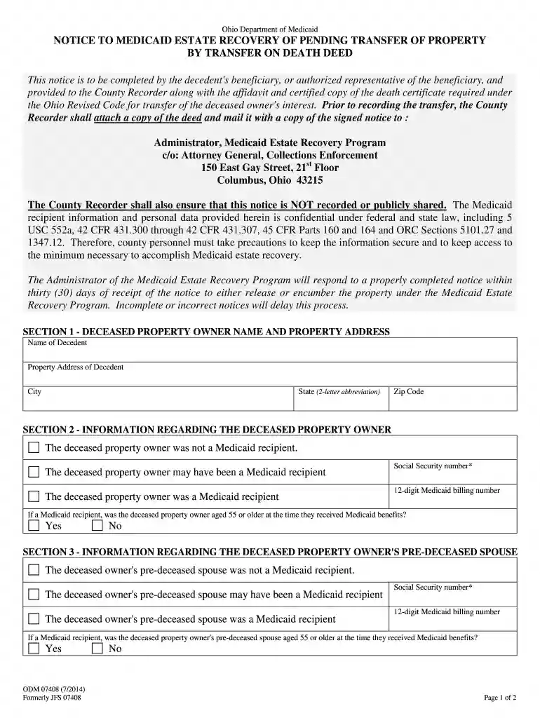 ohio medicaid estate recovery form Preview on Page 1