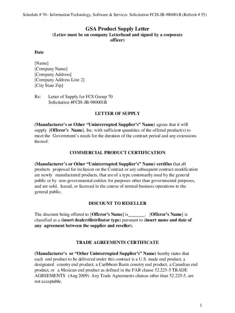 GSA Product Supply Letter Preview on Page 1