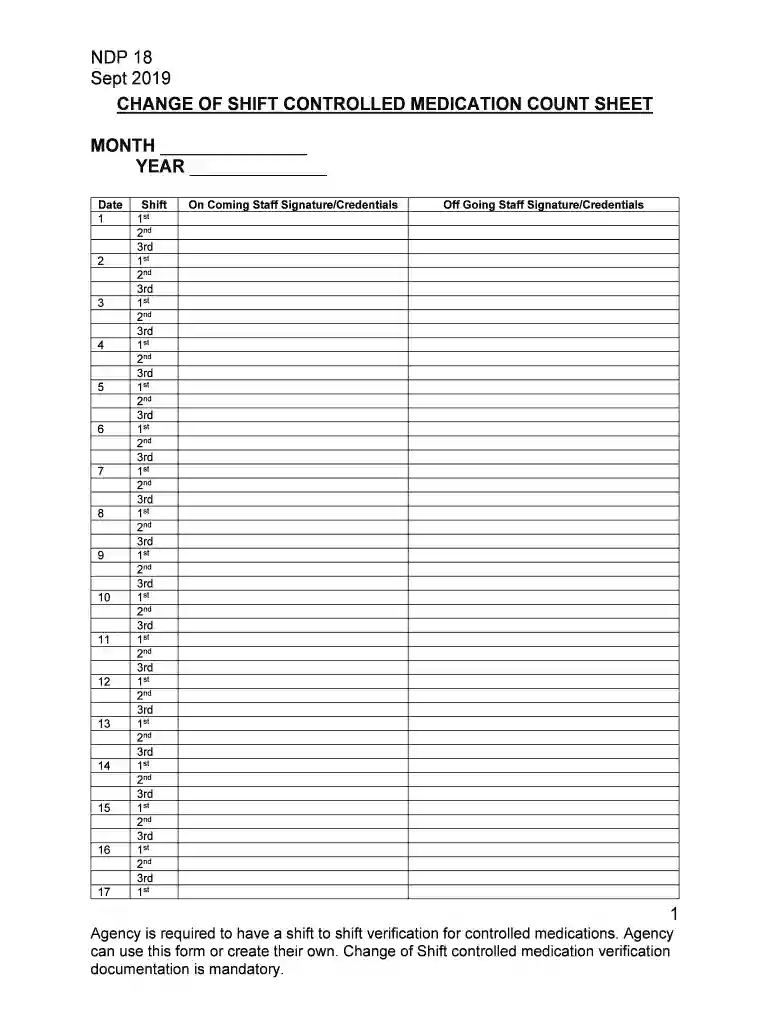 shift to shift narcotic count sheet template Preview on Page 1