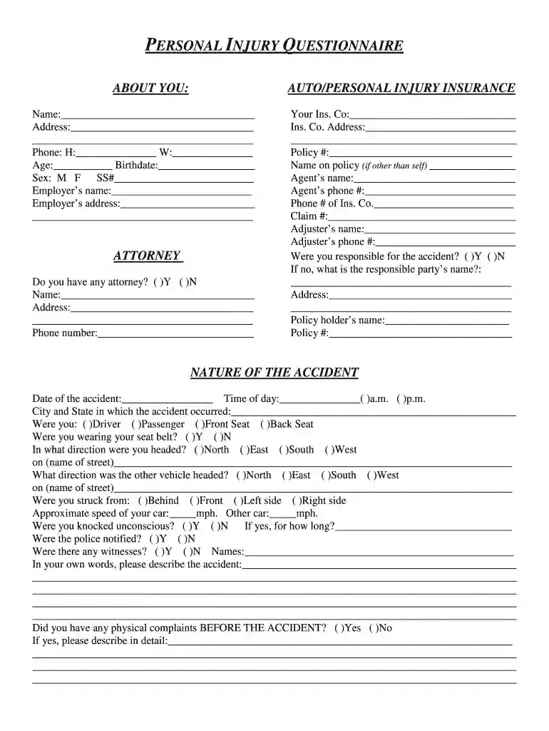 Personal Injury Intake SheetFree Legal Forms Preview on Page 1
