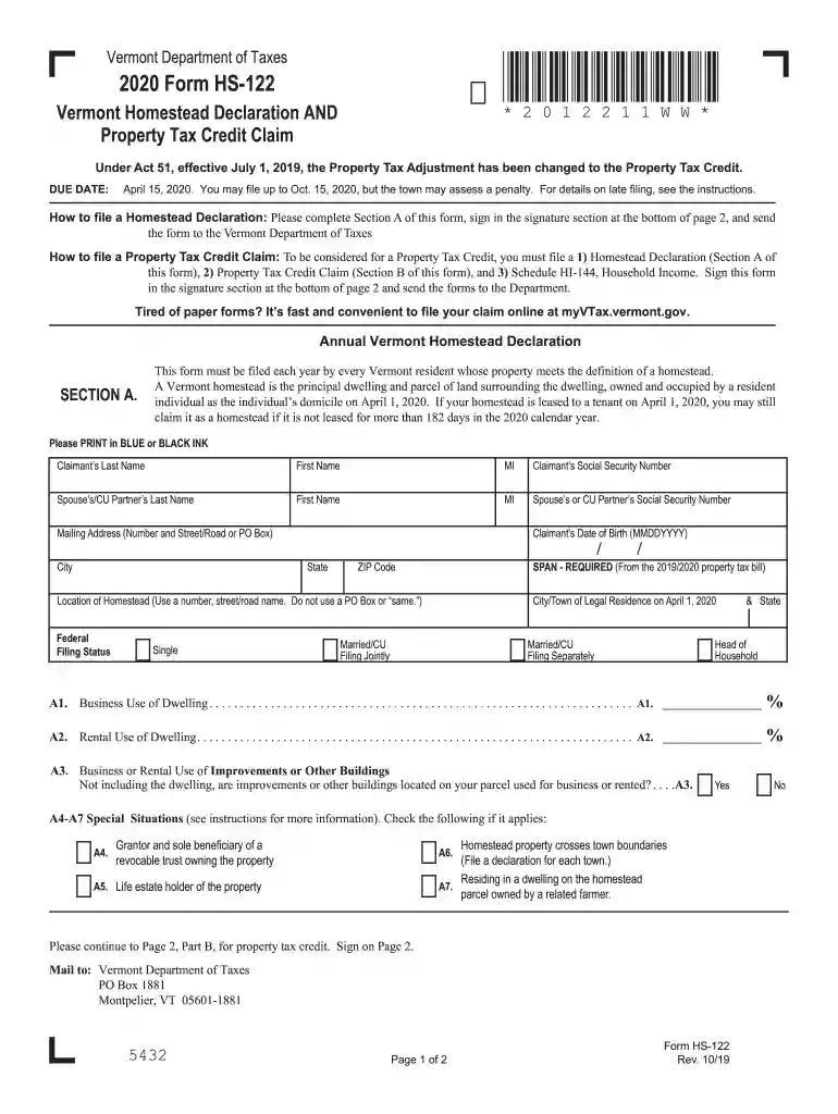 vermont form hs 122 Preview on Page 1