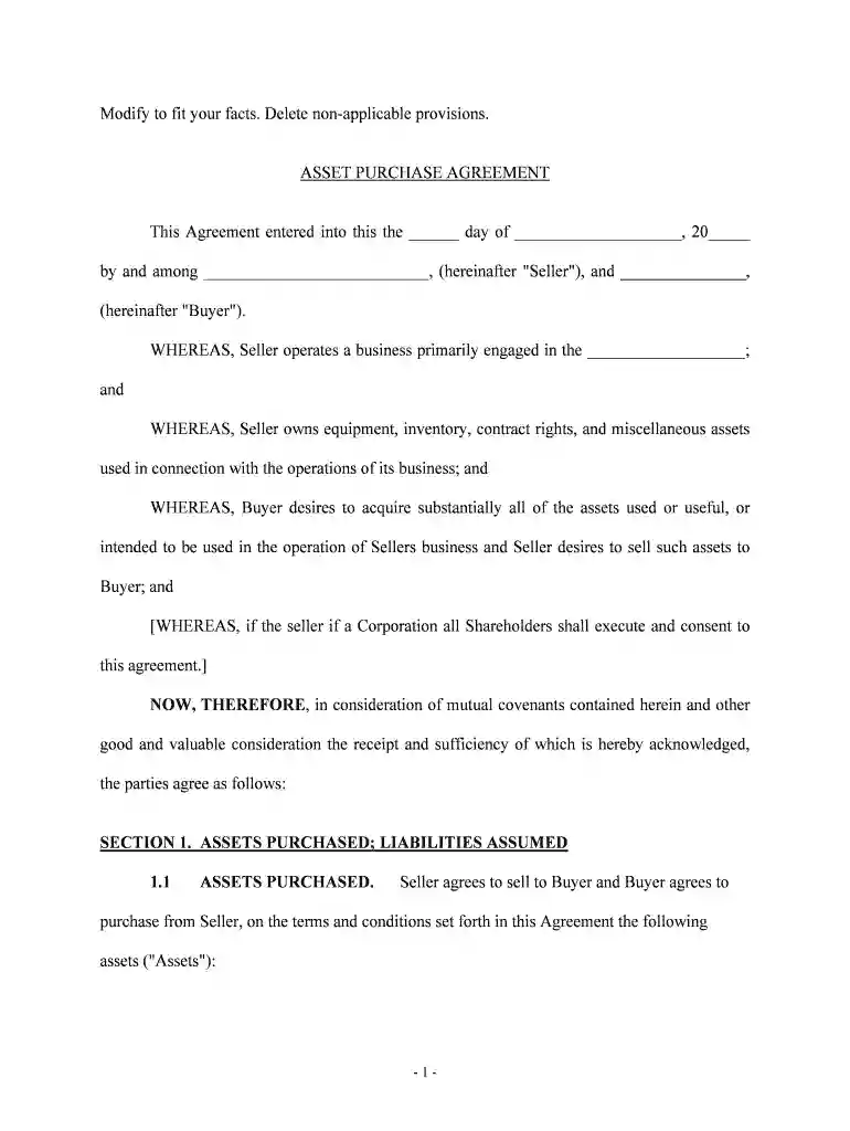 asset purchase agreement buyer form Preview on Page 1