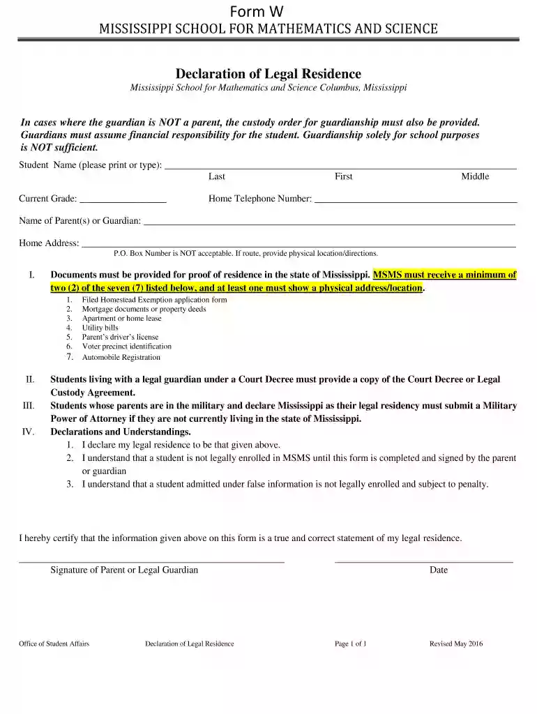 Form W - Mississippi School for Mathematics and Science Preview on Page 1