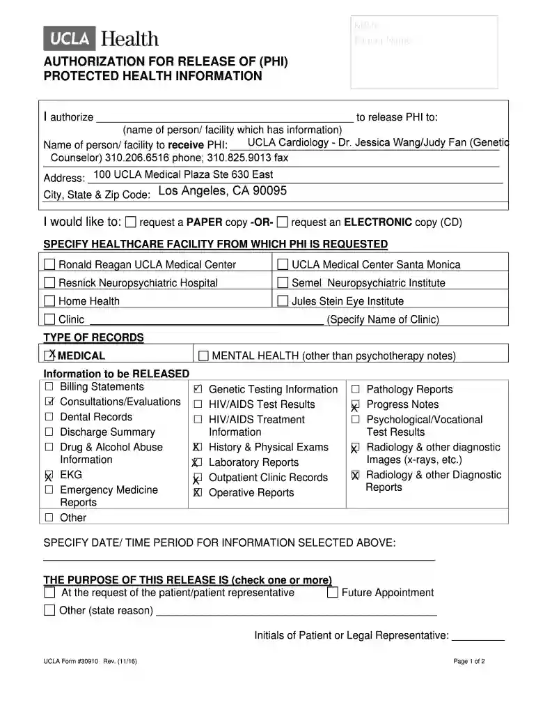 Authorization for Release Request of Protected Health Preview on Page 1