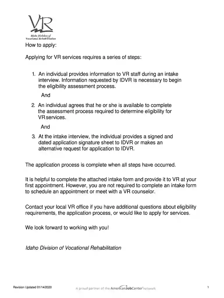 Idaho Division of Vocational Rehabilitation Intake Form Preview on Page 1