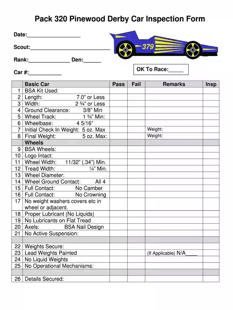 Pinewood Derby Car Inspection Form Preview on Page 1