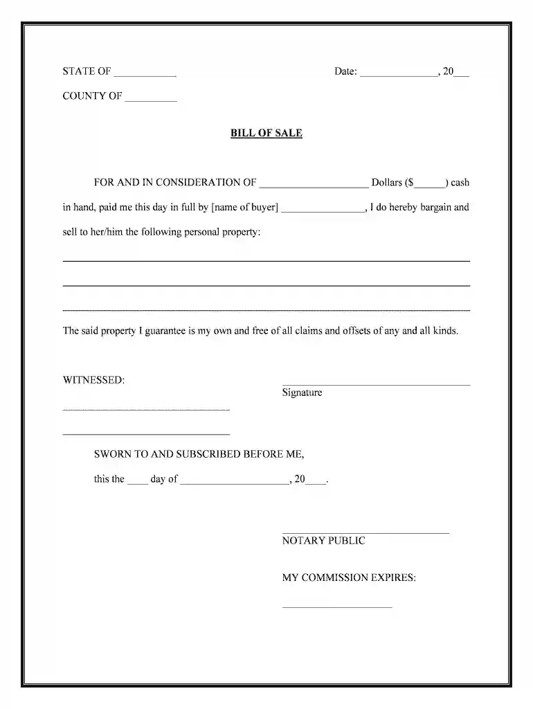 free printable bill of sale for personal property Preview on Page 1