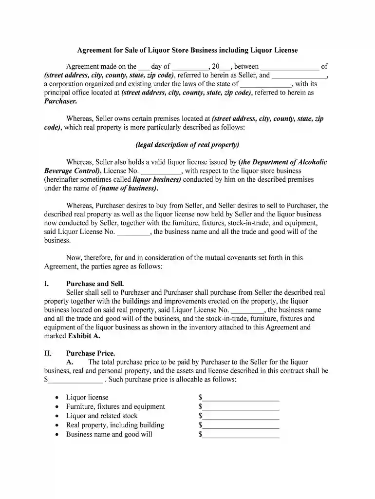 agreement sale liquor store Preview on Page 1