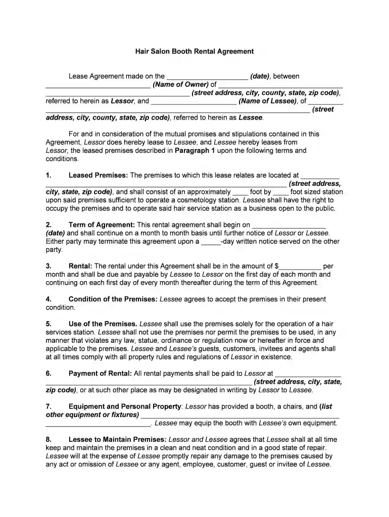 salon booth agreement lease Preview on Page 1