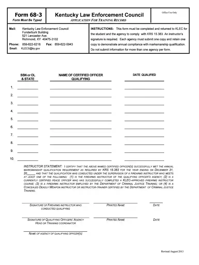 Form 68-3 Application for Training Record - Kentucky Law Preview on Page 1