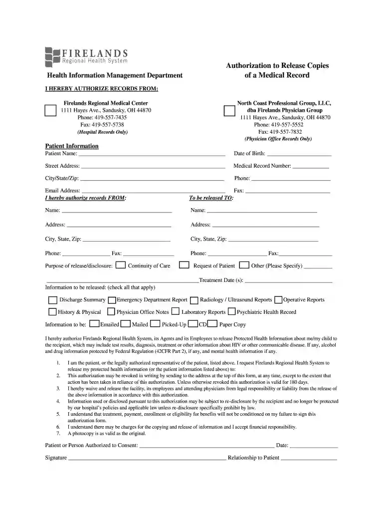 Medical Records - Firelands Regional Medical Center Preview on Page 1