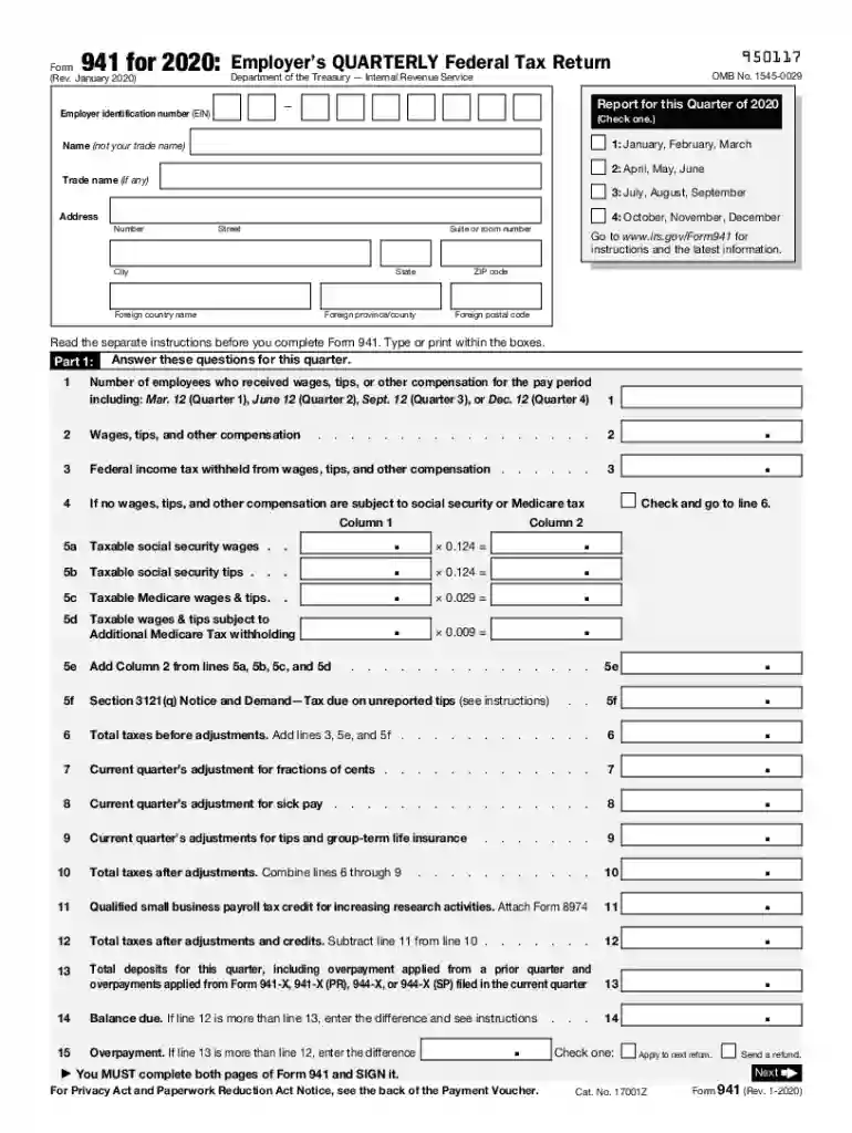 2020 form 941 fillable Preview on Page 1