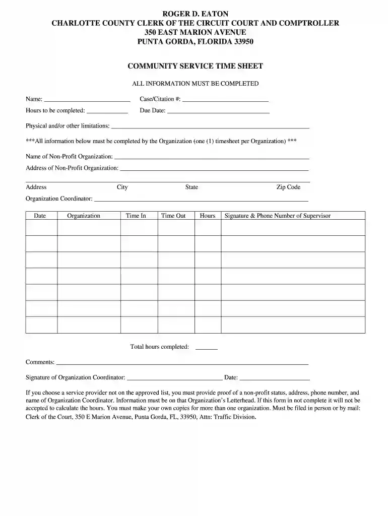 Community Service Time Sheet Form Community Service Time Sheet Preview on Page 1