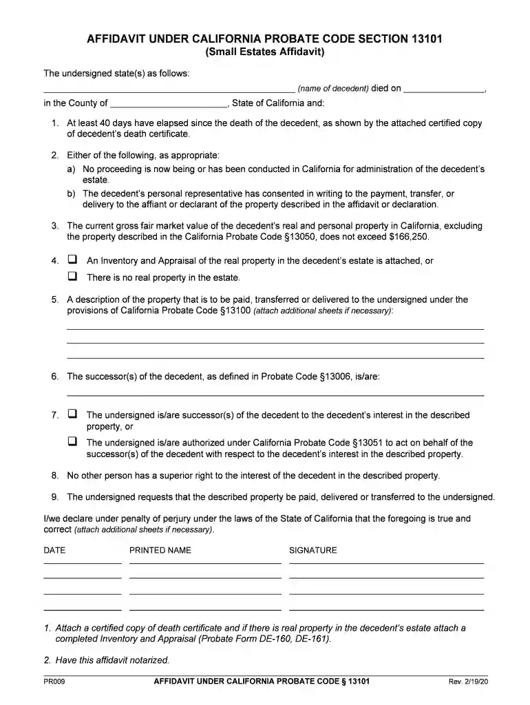 california small estates affidavit form Preview on Page 1