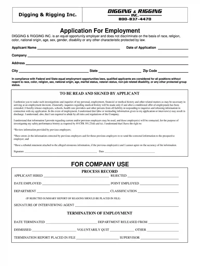 Printable Employment Application - Digging and Rigging Preview on Page 1