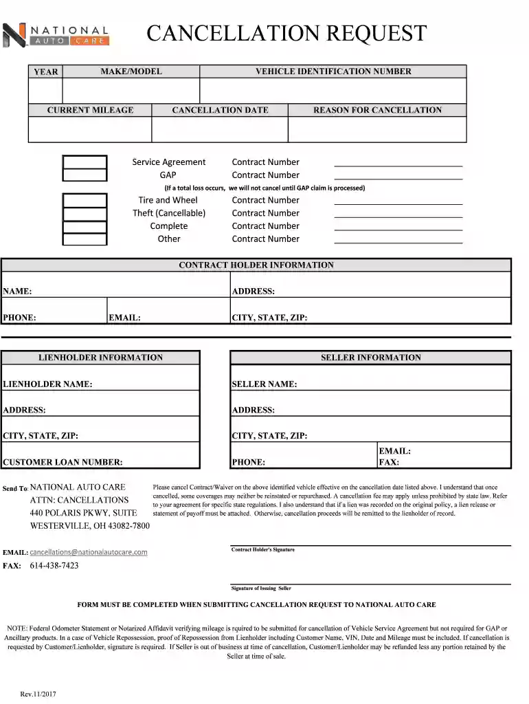 national auto care cancellation form Preview on Page 1