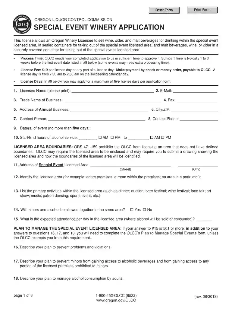 SPECIAL EVENT WINERY APPLICATION - Oregon Preview on Page 1