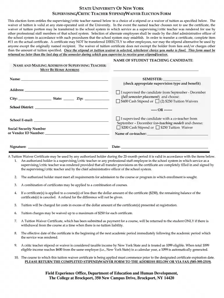Get the SUPERVISING CRITIC TEACHER STIPEND WAIVER ELECTION FORM Preview on Page 1