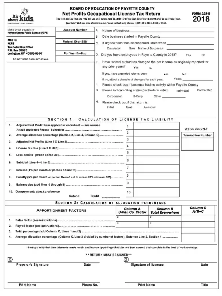 KY Form 228-S - Fayette County Preview on Page 1