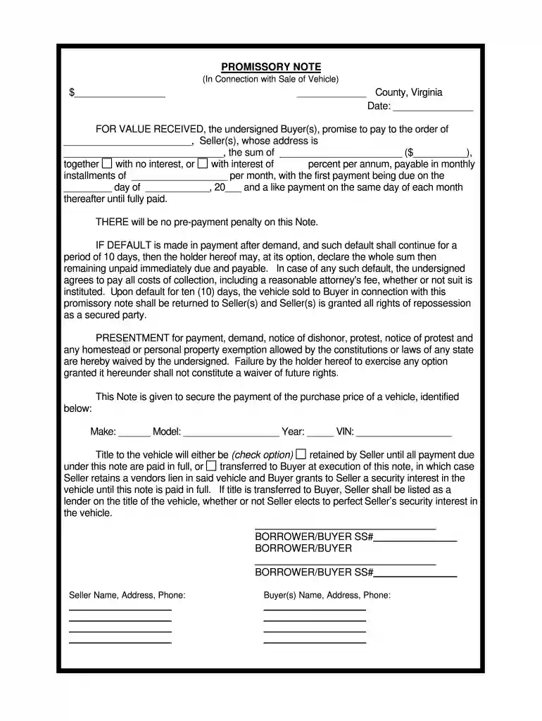 promissory note for car Preview on Page 1