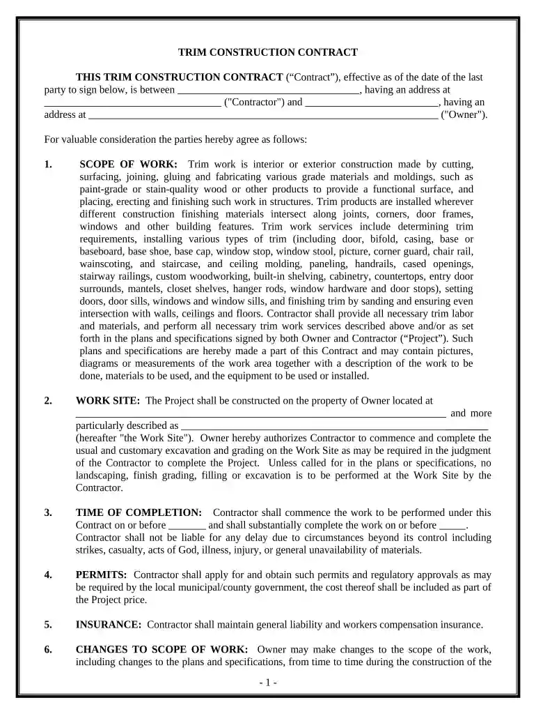 Trim Carpenter Contract for Contractor - Alaska Preview on Page 1