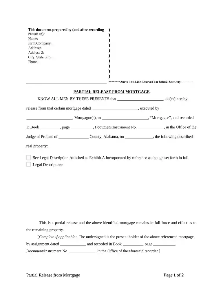 Partial Release of Property From Mortgage for Corporation - Alabama Preview on Page 1