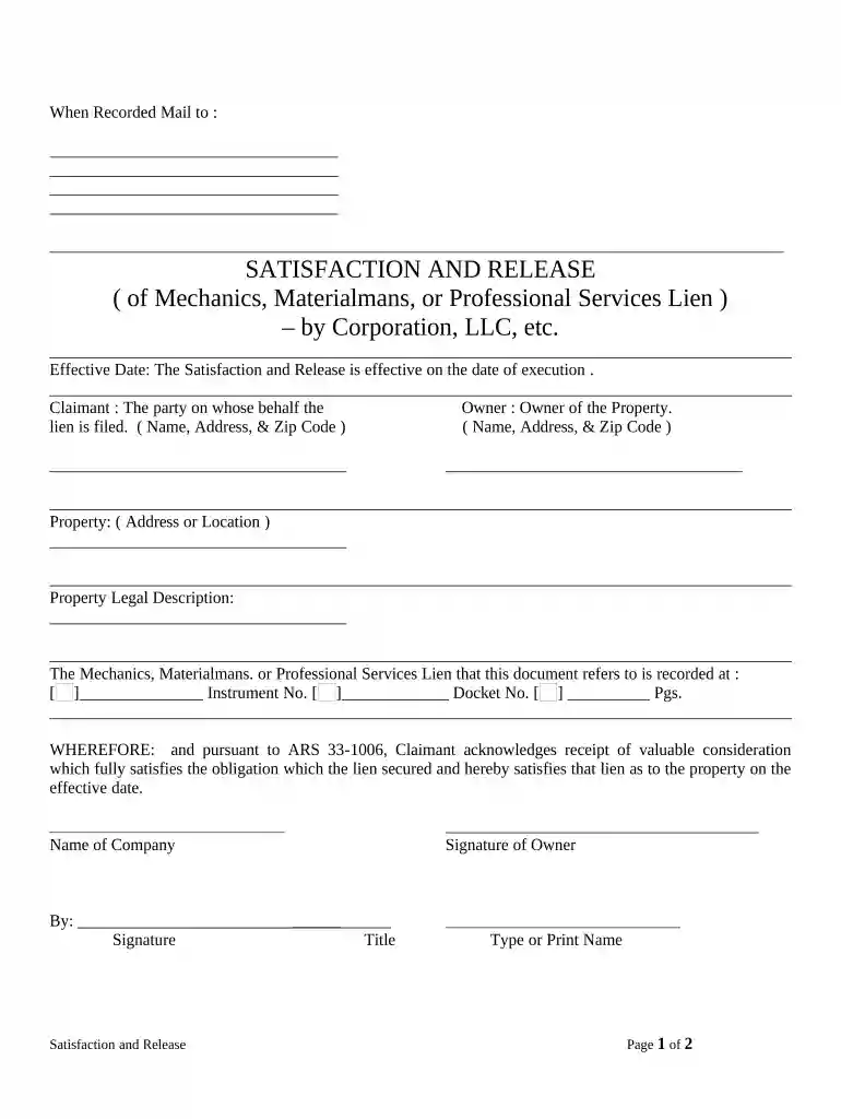 arizona mechanics lien form Preview on Page 1