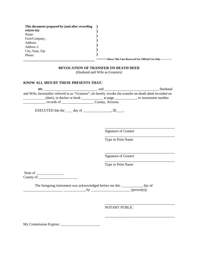 Revocation of Transfer on Death Deed or TOD - Beneficiary Deed for Husband and Wife Grantors - Arizona Preview on Page 1