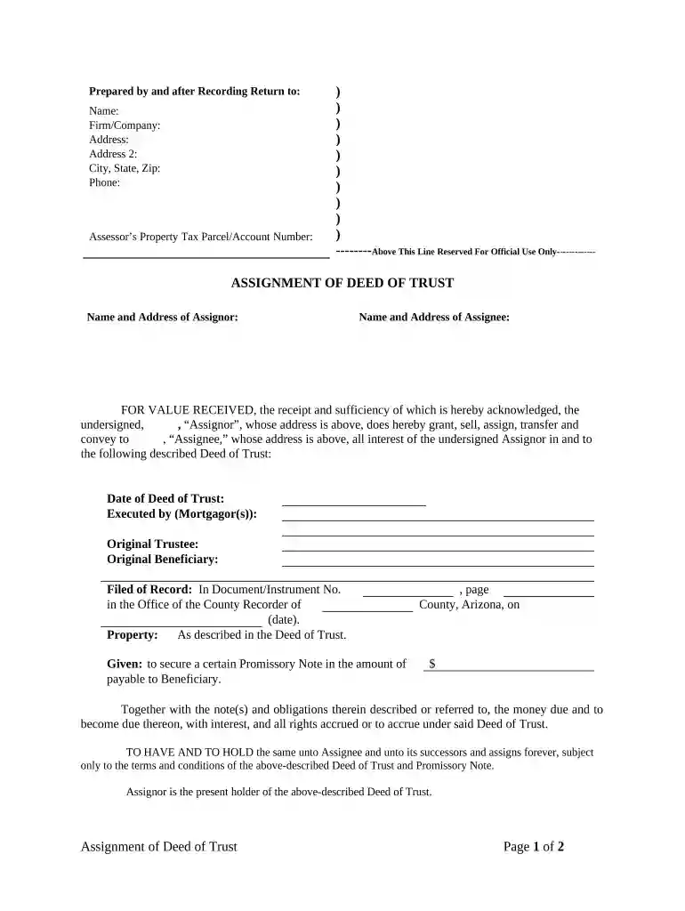 Assignment of Deed of Trust by Individual Mortgage Holder - Arizona Preview on Page 1