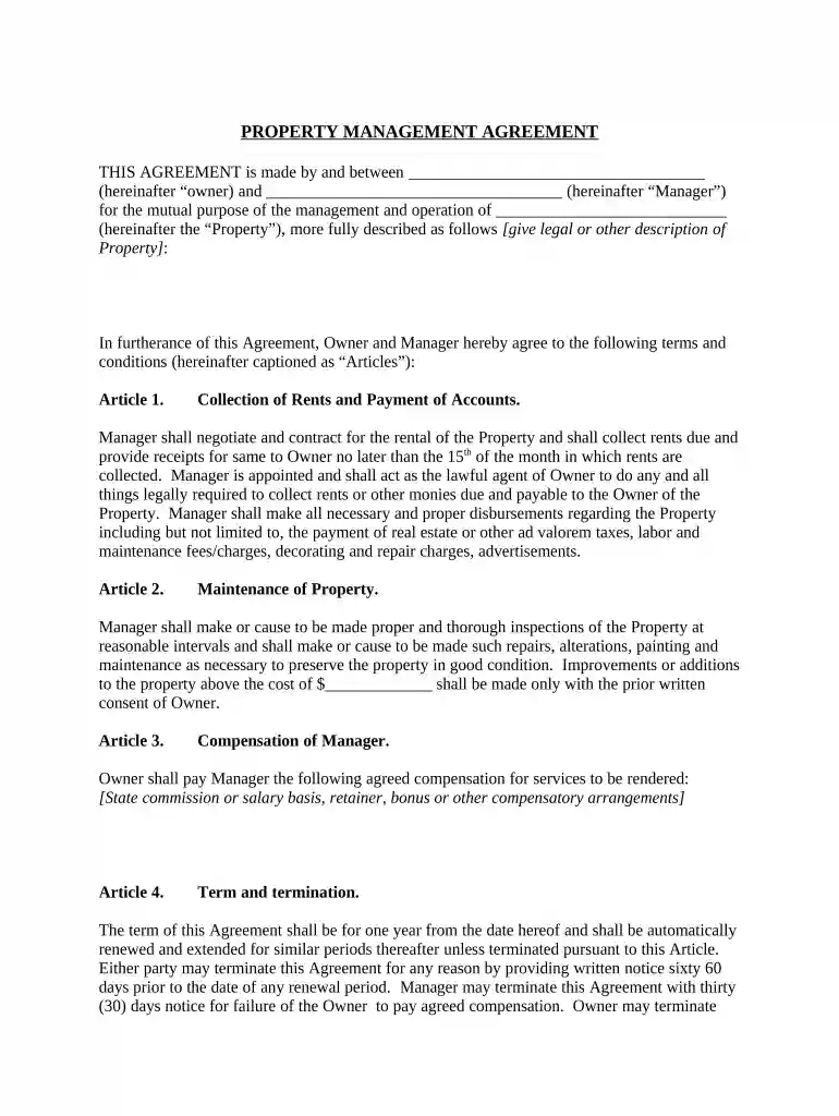 property management agreement template Preview on Page 1