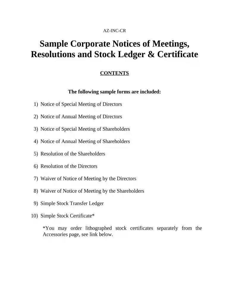 Notices, Resolutions, Simple Stock Ledger and Certificate - Arizona Preview on Page 1