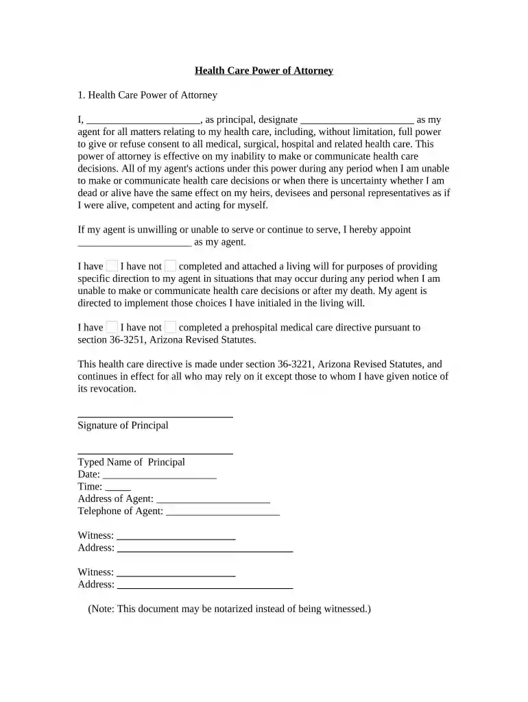 Statutory Health Care Power of Attorney - Arizona Preview on Page 1