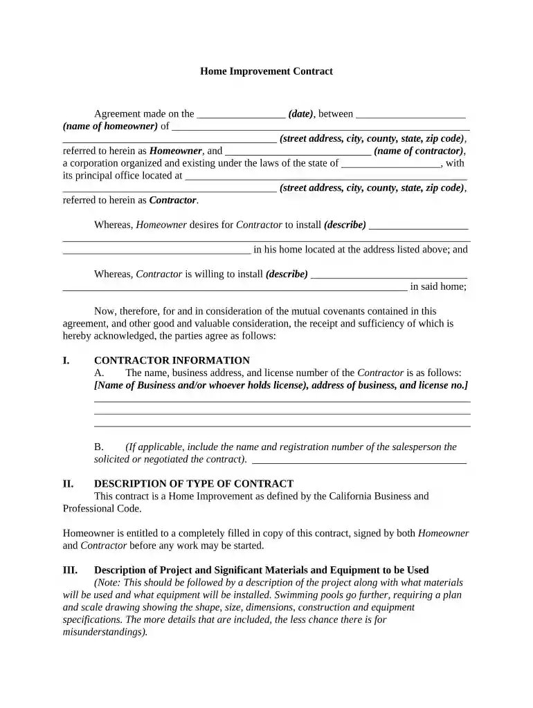 home improvement contract california Preview on Page 1