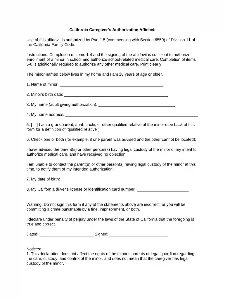caregiver affidavit Preview on Page 1