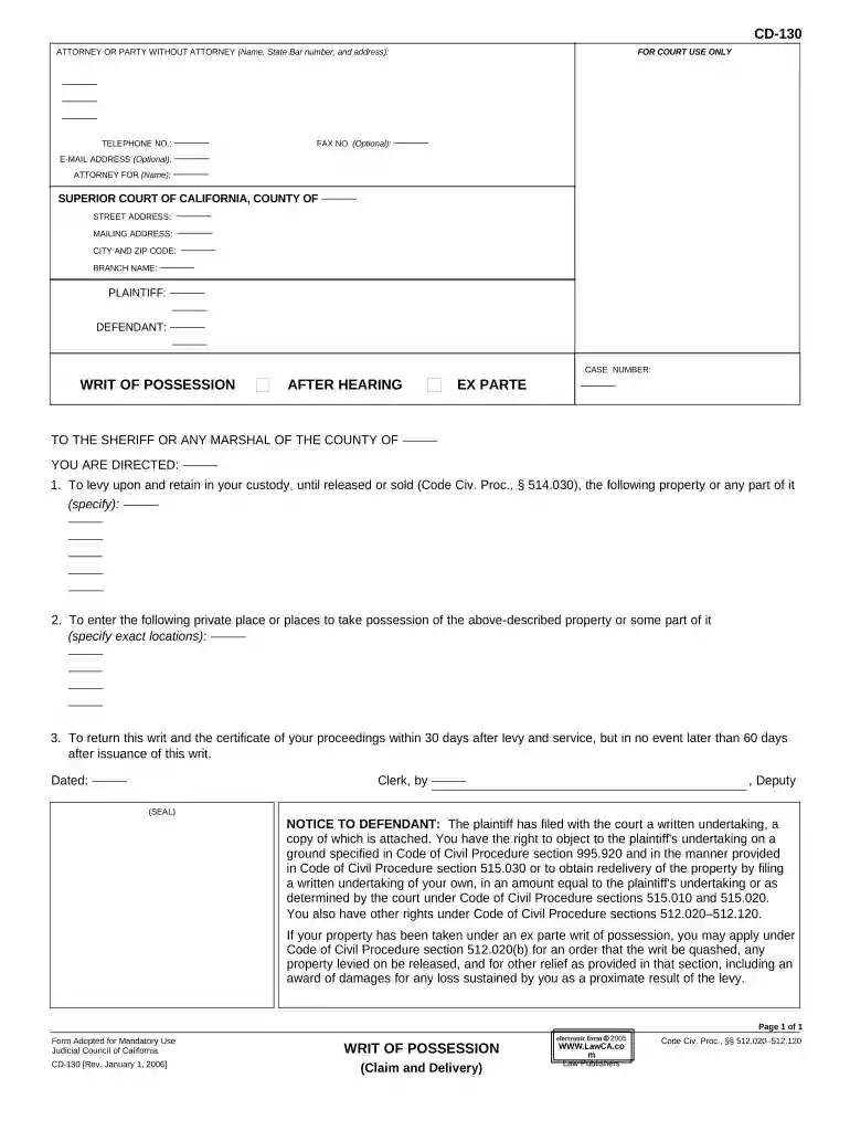 writ of possession california Preview on Page 1