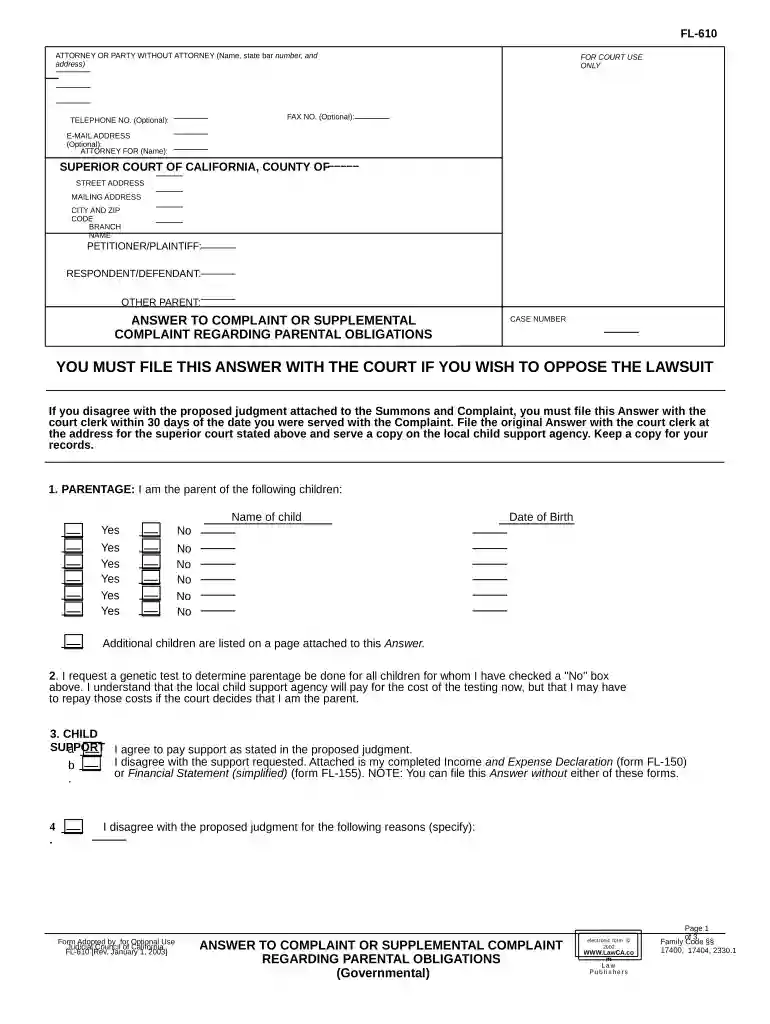 answer to complaint form Preview on Page 1