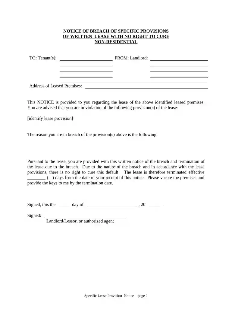 Notice of Breach of Written Lease for Violating Specific Provisions of Lease with No Right to Cure for Nonresidential Property from Landlord to Tenant - Colorado Preview on Page 1