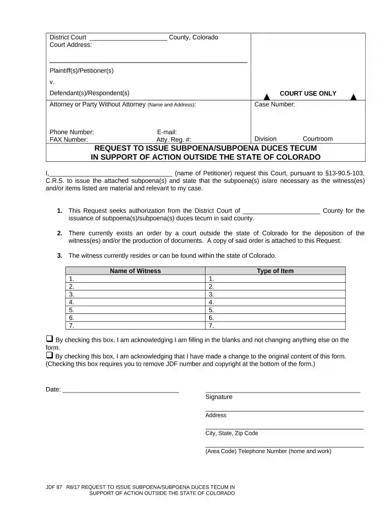 colorado subpoena form Preview on Page 1
