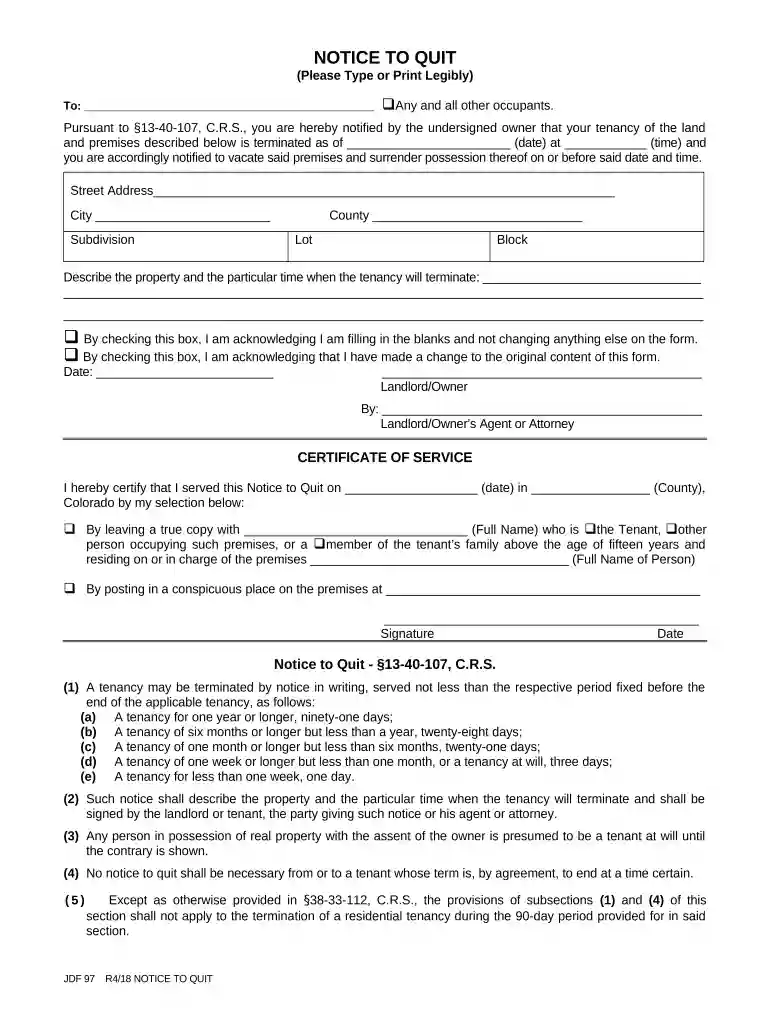 colorado notice to quit form Preview on Page 1