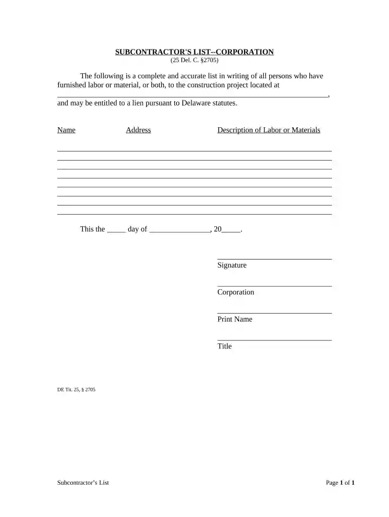 Subcontractor's List - Corporation - Delaware Preview on Page 1