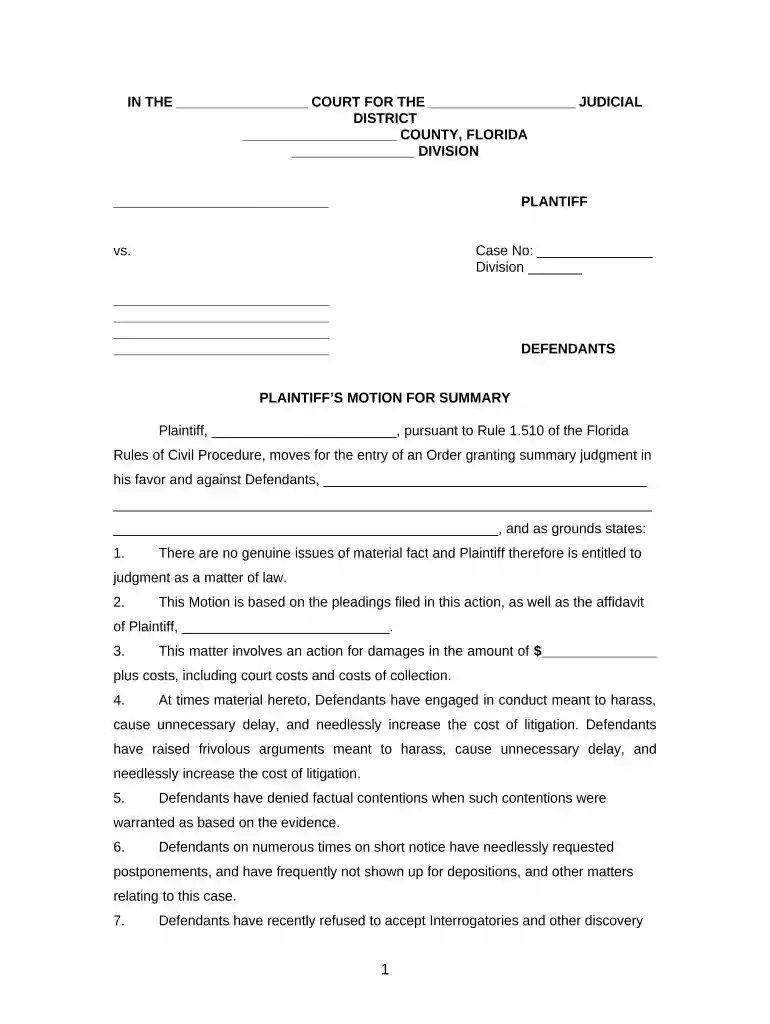 motion for summary judgment florida sample Preview on Page 1