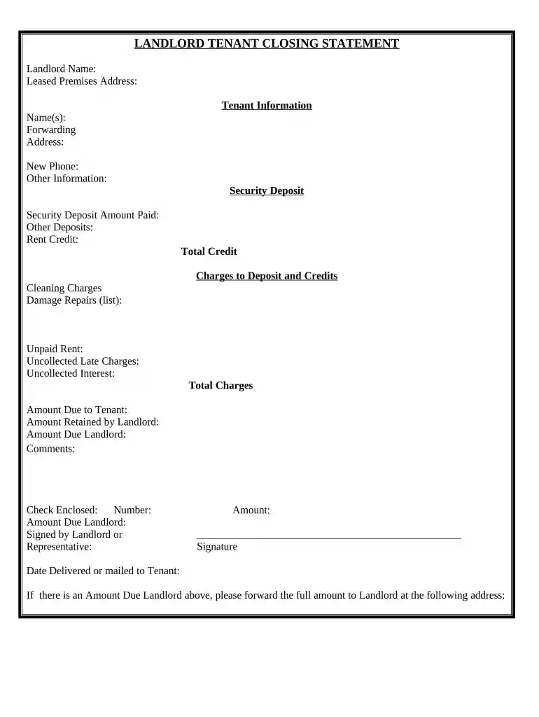 Landlord Tenant Closing Statement to Reconcile Security Deposit - Hawaii Preview on Page 1